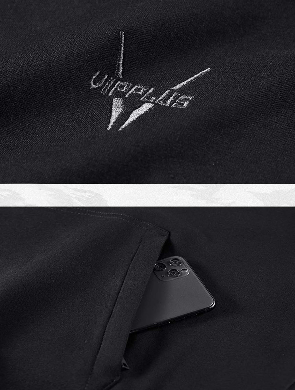 Men's Niepce YEH2 Menace Tech Hoodie in black, featuring a modern design with a hood and front pocket, shown worn on a model.