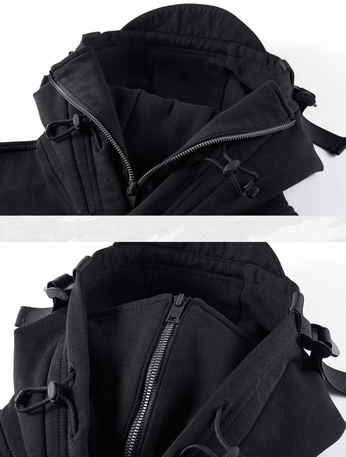 Niepce Menace Tech Hoodie in black, featuring a modern design with a front pocket and adjustable drawstrings.