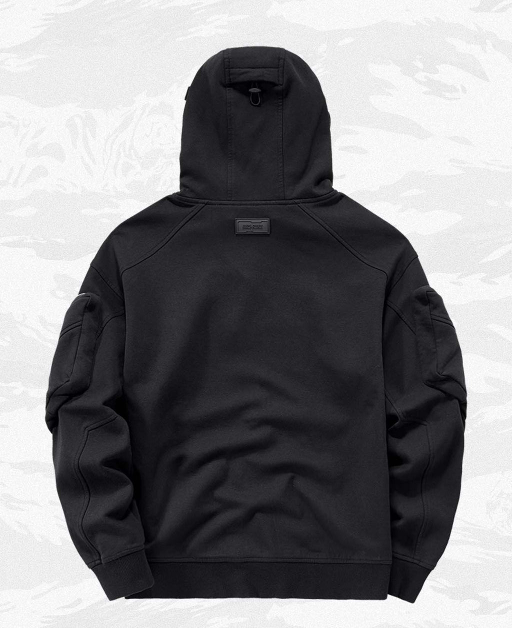 Black Menace Tech Hoodie by Niepce, featuring a modern design with a front pocket and drawstring hood, displayed on a hanger.