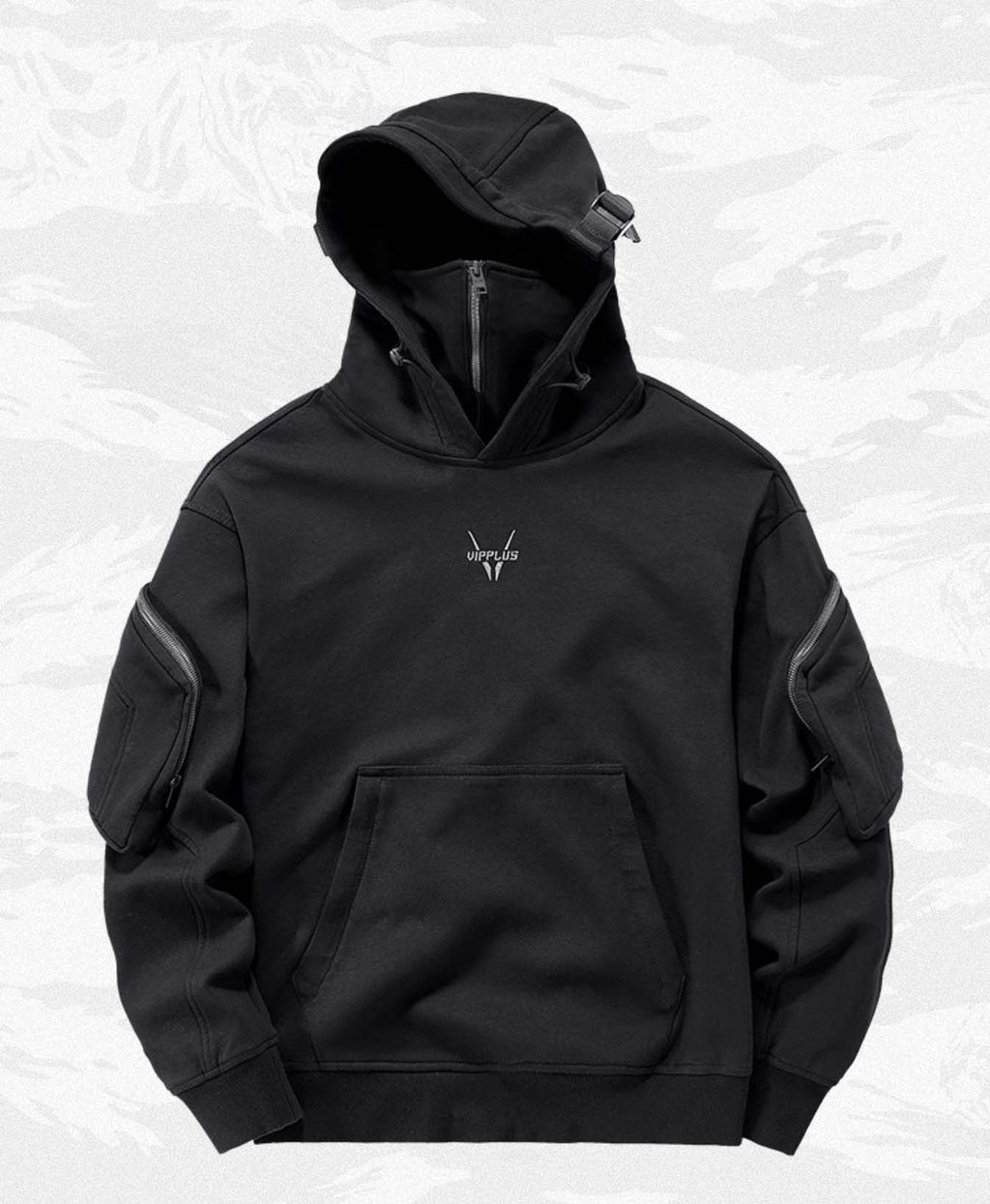 Niepce Menace Tech Hoodie in black, featuring a modern design with a comfortable fit and detailed fabric texture.