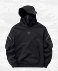 Niepce Menace Tech Hoodie in black, featuring a modern design with a comfortable fit and detailed fabric texture.