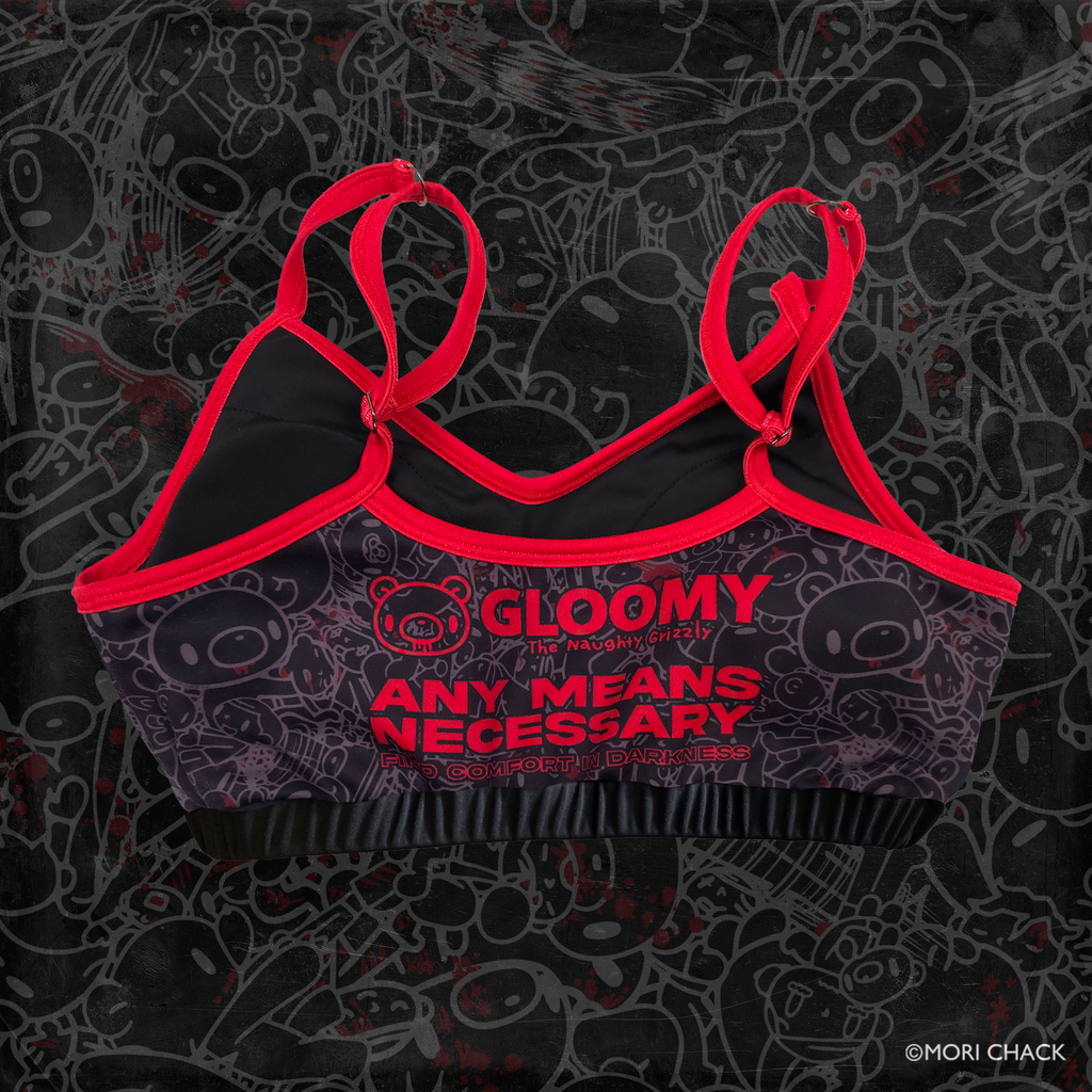 Blood Drip Fitness Sports Bra by Any Means Necessary Clothing, showing the back design with blood drip pattern and supportive straps.