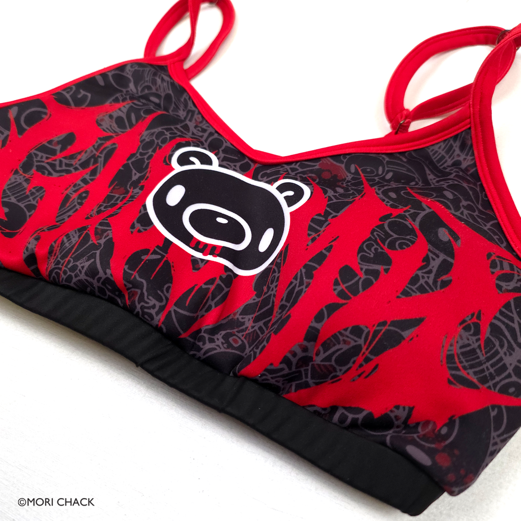 Black Blood Drip Fitness Sports Bra from Any Means Necessary Clothing, front close design with blood drip detail and supportive fit.