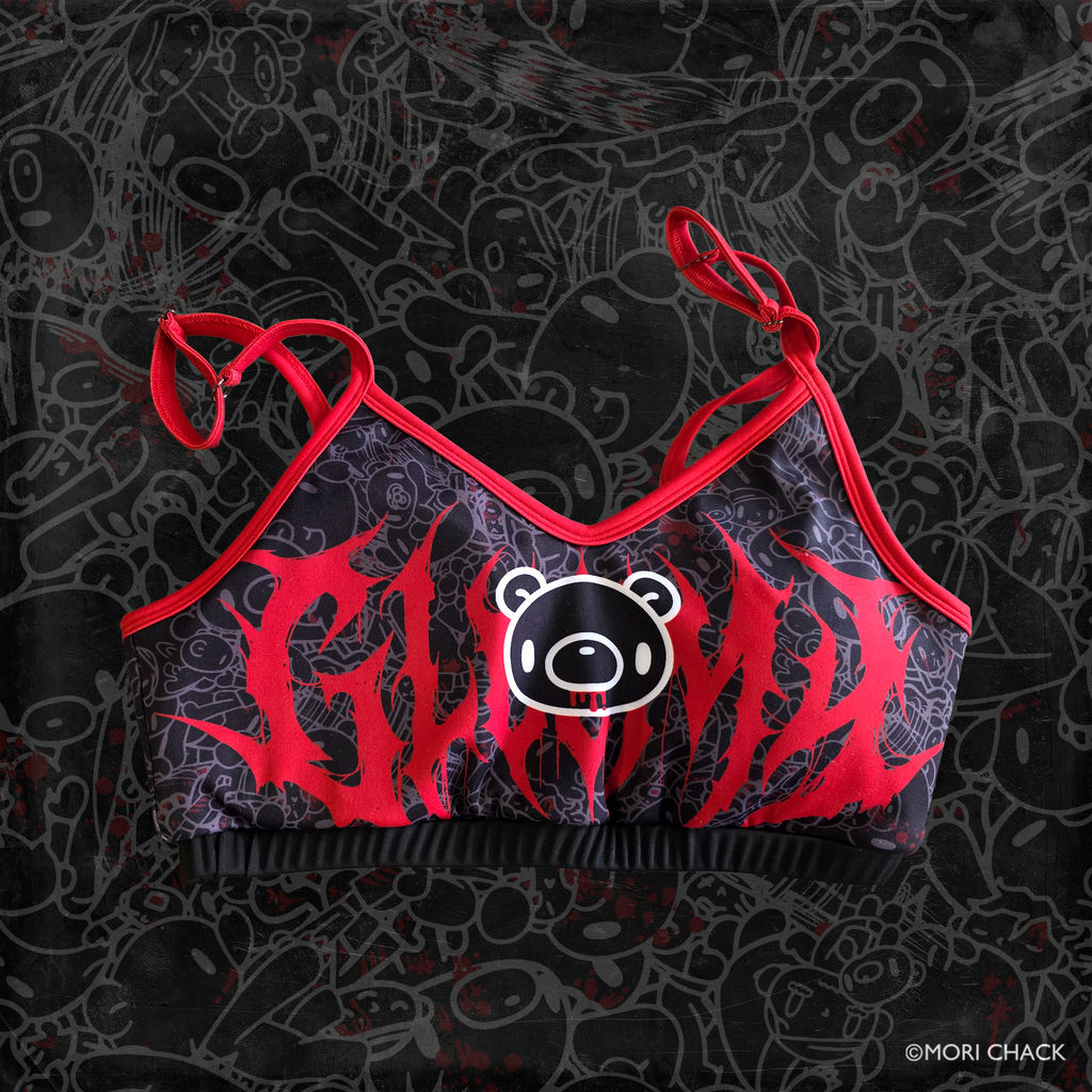 Blood Drip Fitness Sports Bra by Any Means Necessary Clothing, front view showing black fabric with red blood drip design.