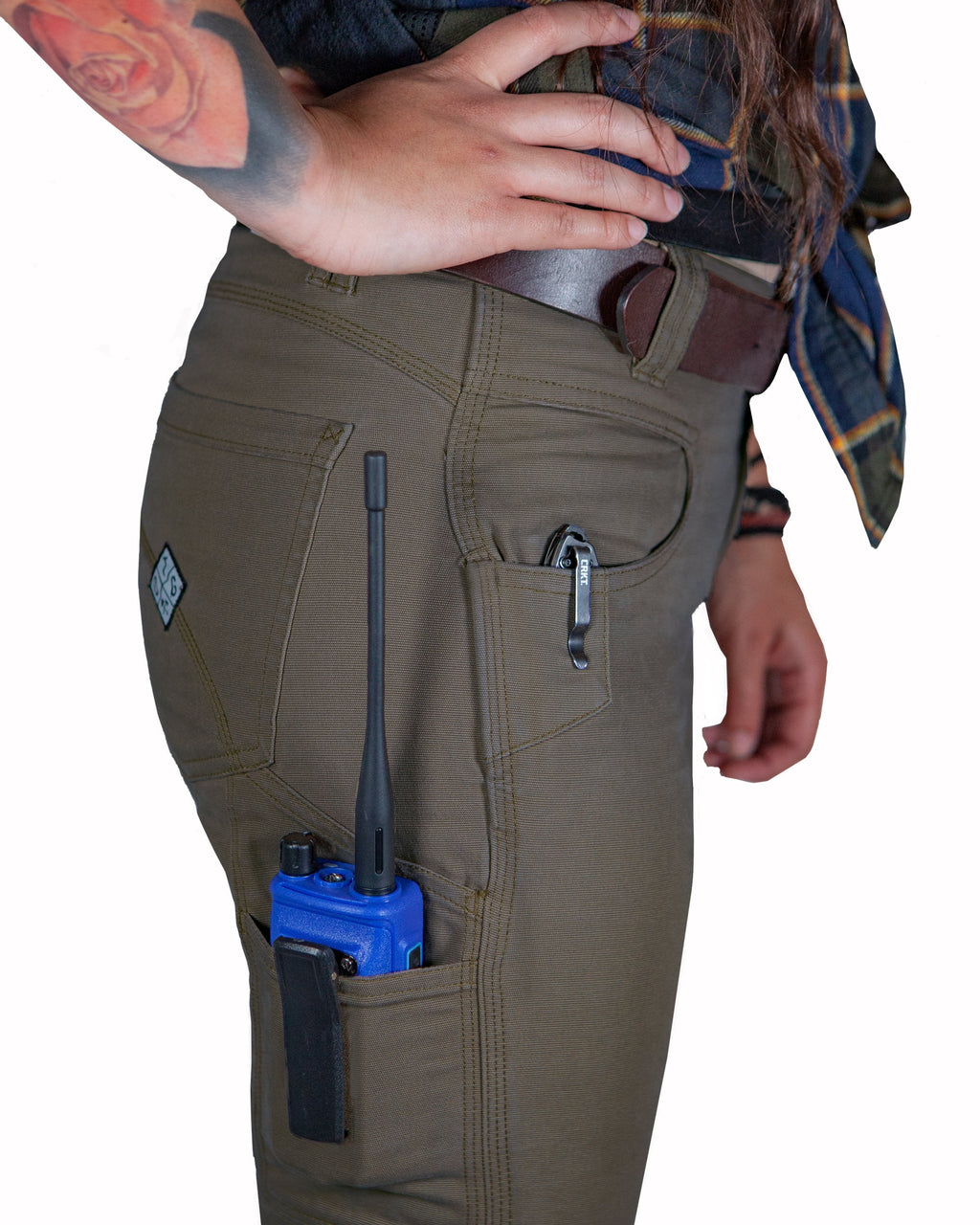 Kestral Women's Deadwood Pants by Off The Grid Surplus, showing the stylish khaki-colored women's pants with functional pockets.