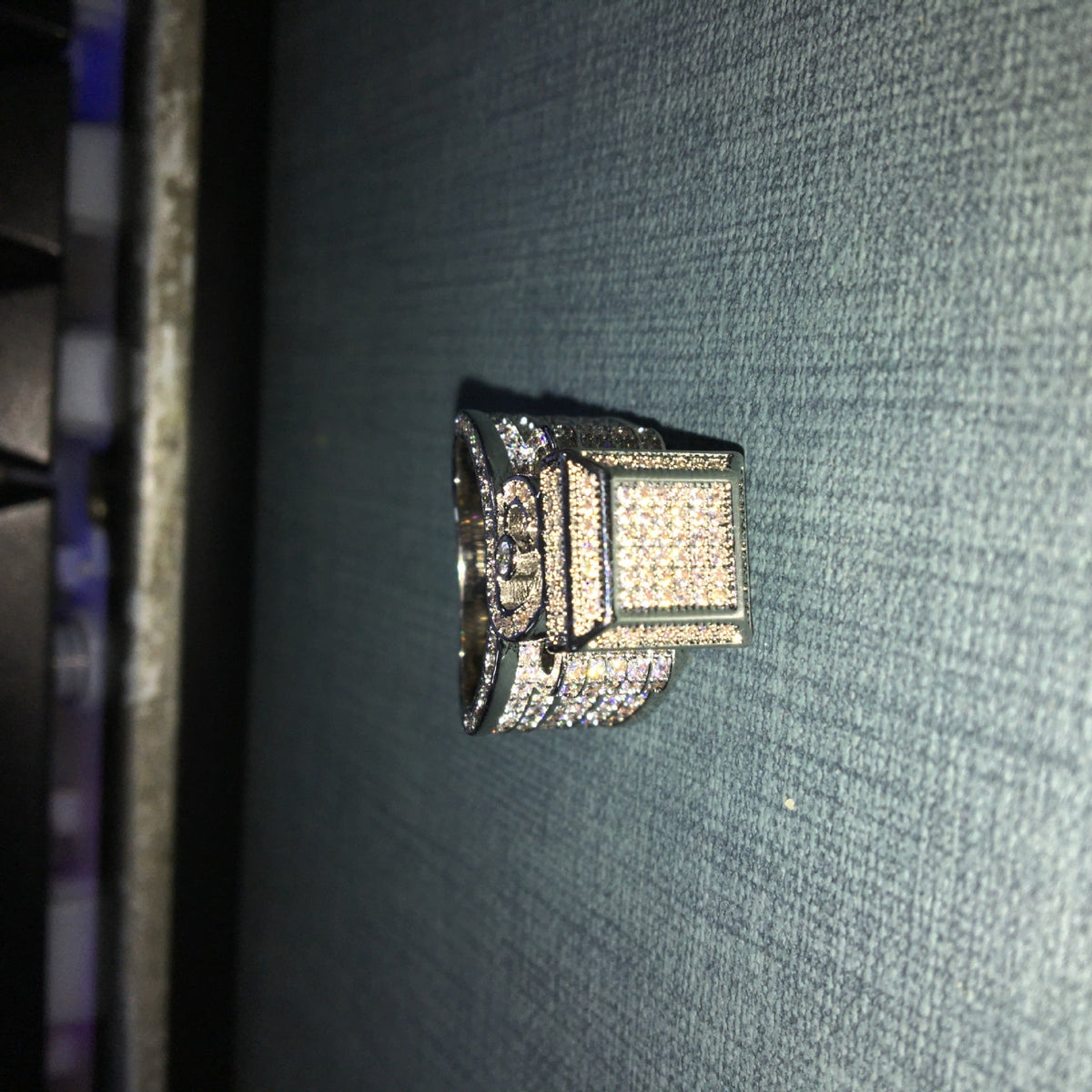 Square diamond-encrusted couple ring by NowadaysFashion featuring hip-hop style, shiny diamonds and a bold design.