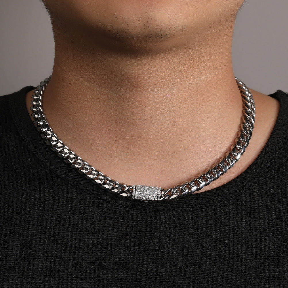 Stainless steel zircon necklace with hip-hop style design by nowadaysfashion, featuring sparkling zircon stones and bold chain details.