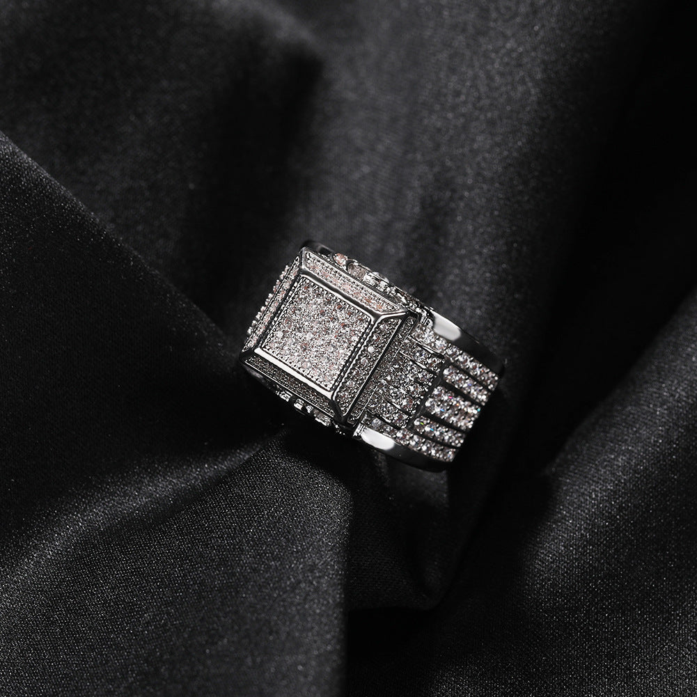 Square diamond-encrusted couple ring by Nowadays Fashion featuring hip-hop style, shiny diamonds, and modern jewelry design.