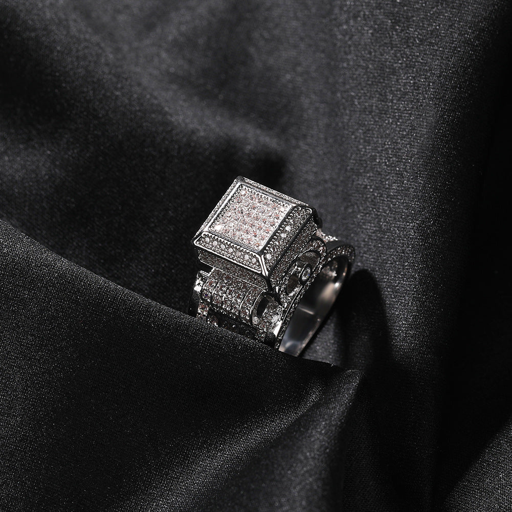 Square diamond-encrusted hip-hop couple ring by nowadaysfashion, featuring sparkling stones and bold design for stylish wear.