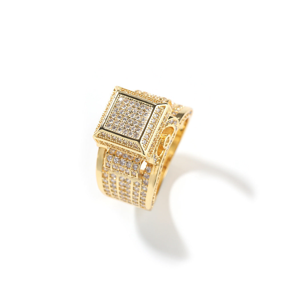 Square diamond-encrusted couple ring with hip-hop style, featuring sparkling diamonds and modern design by NowadaysFashion.