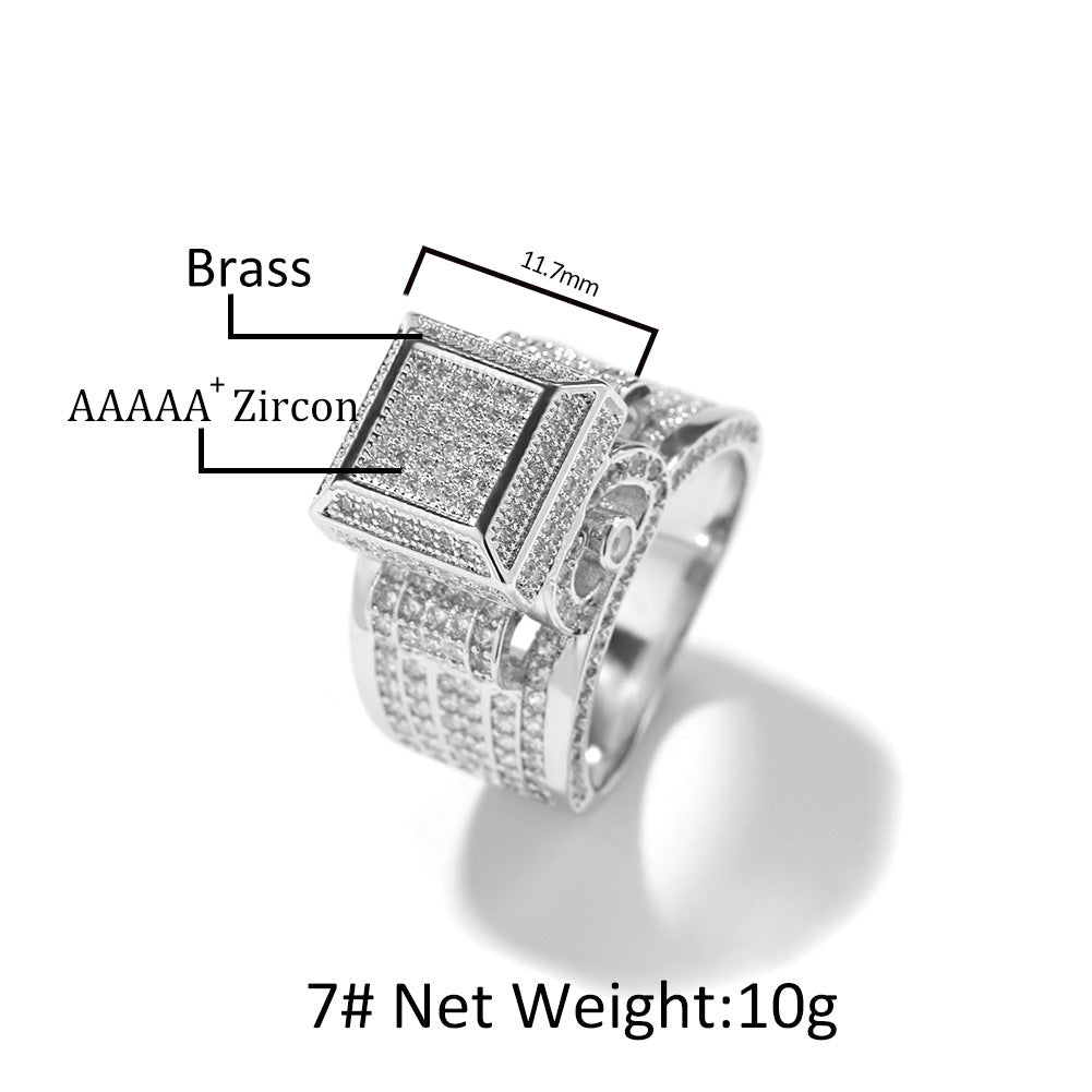 Square diamond-encrusted hip-hop couple ring by NowadaysFashion, featuring sparkling stones and bold design.