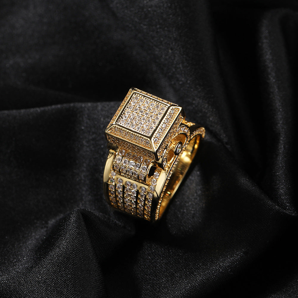 Square diamond-encrusted couple ring by NowadaysFashion, featuring a hip-hop style with sparkling diamonds and modern design.