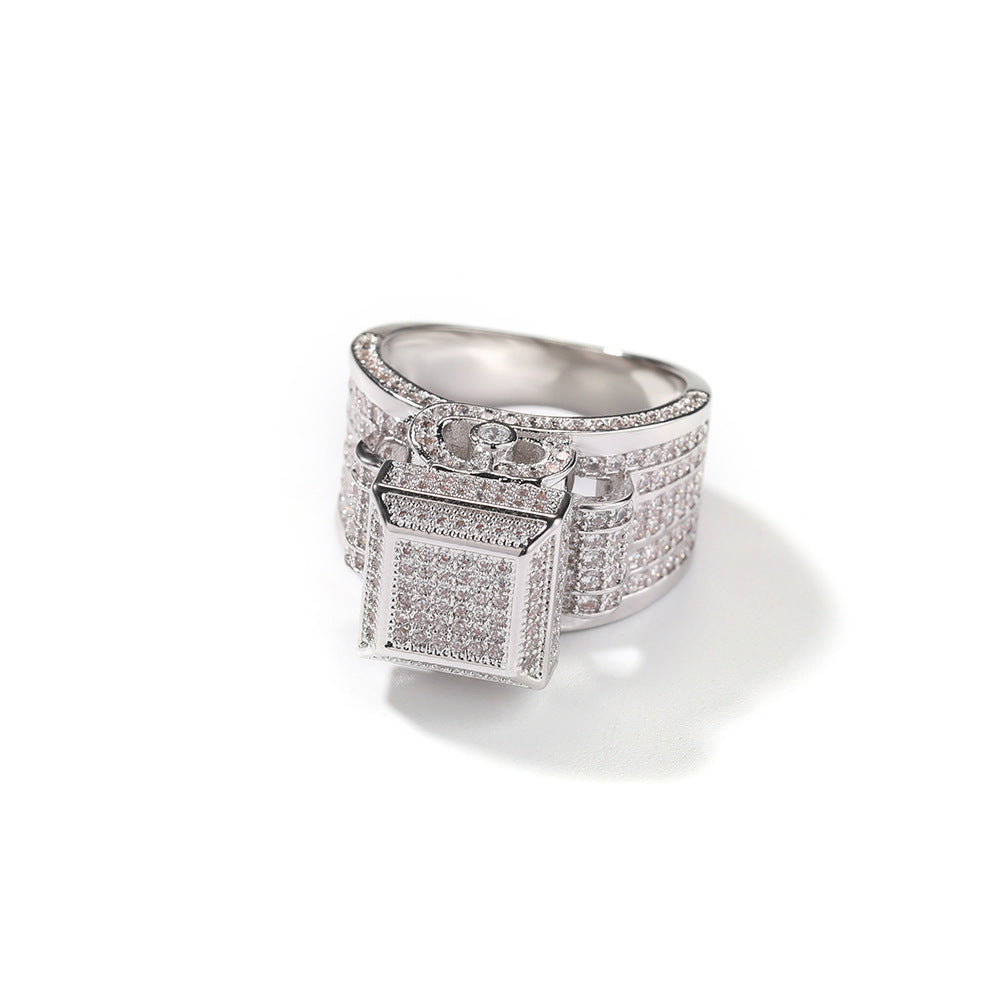 Square diamond-encrusted couple ring from nowadaysfashion, featuring a hip-hop style design with sparkling diamonds.