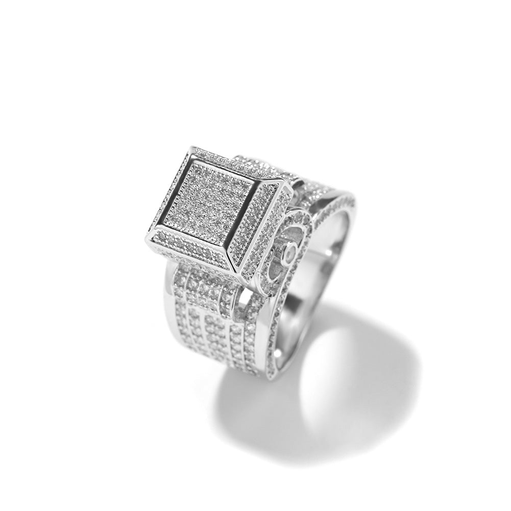 Square diamond-encrusted hip-hop couple ring by NowadaysFashion, featuring sparkling diamonds and bold design.