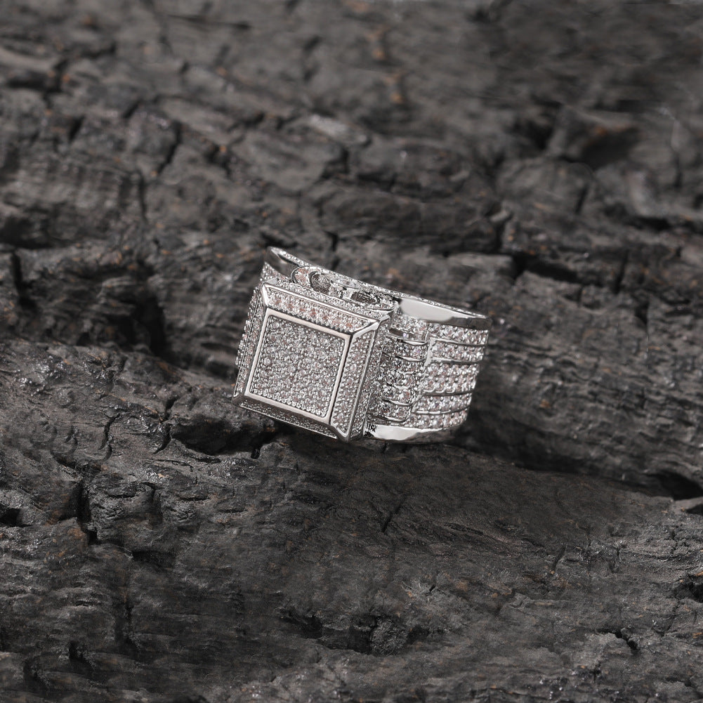 Square diamond-encrusted hip-hop couple ring by NowadaysFashion, featuring sparkling diamonds and bold modern style.