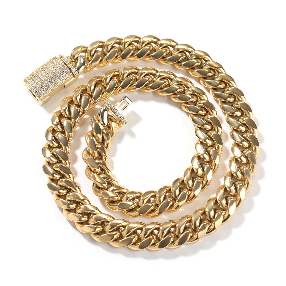 Stainless steel zircon necklace with hip-hop style design, featuring sparkling zircon stones and modern jewelry craftsmanship.