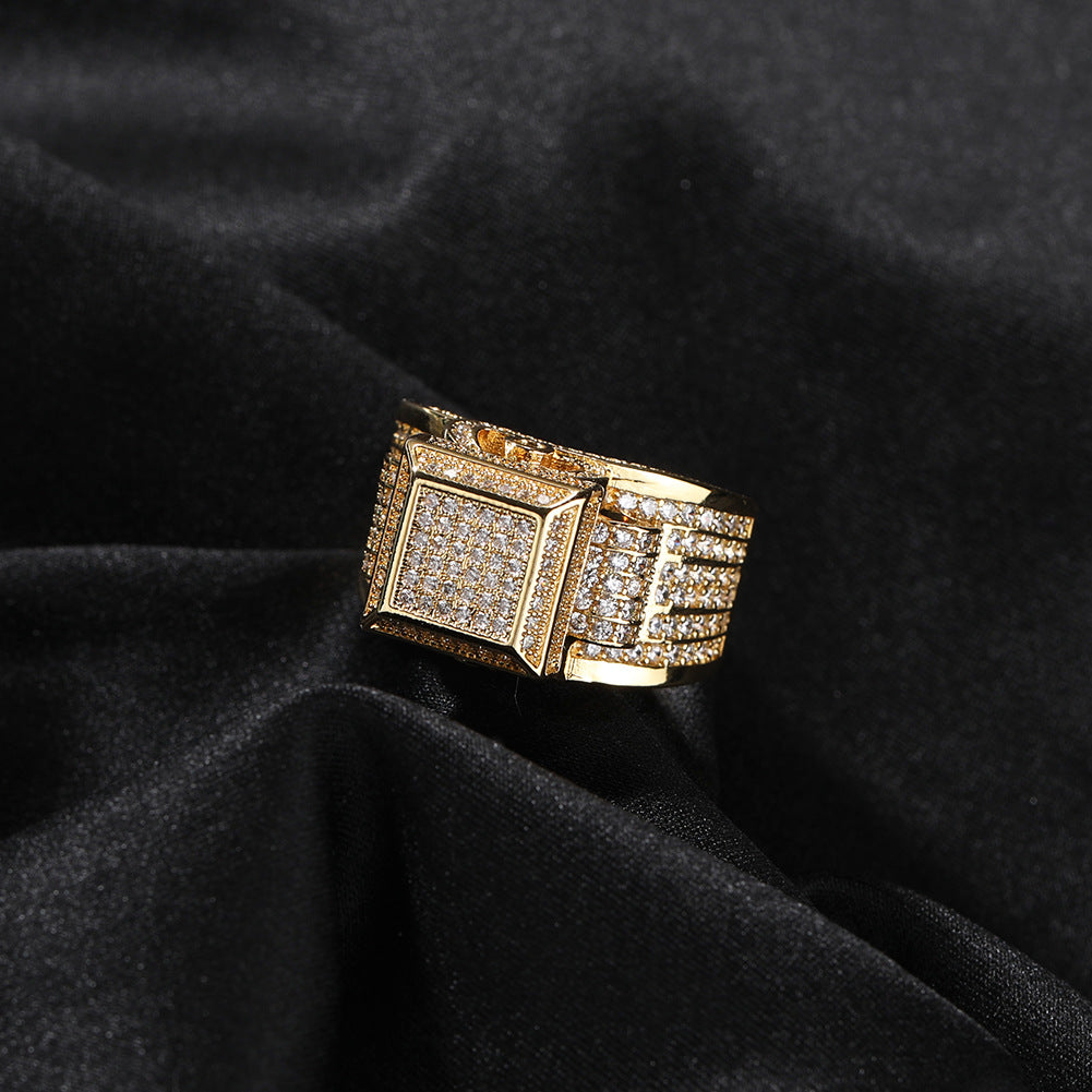 Square diamond-encrusted couple ring by NowadaysFashion, featuring hip-hop style design and sparkling diamond accents.
