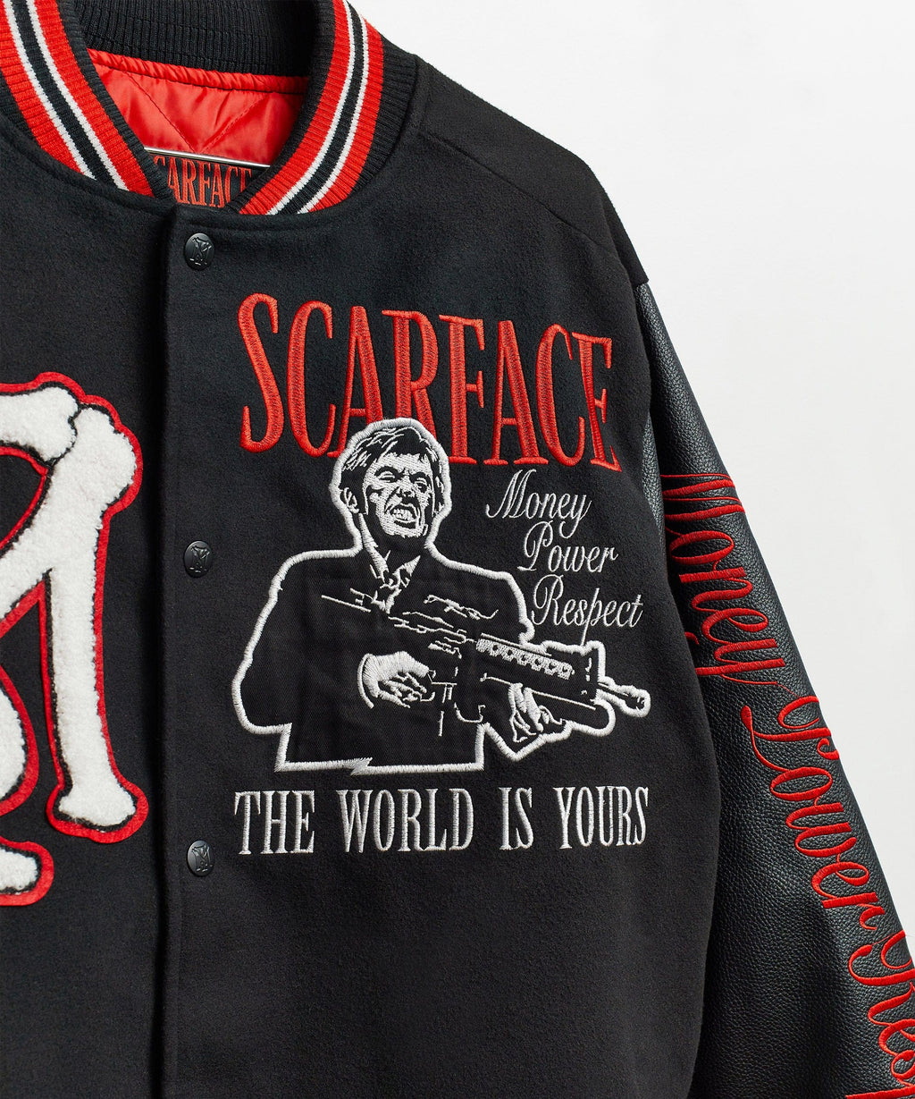 Scarface vegan leather chenille patched varsity jacket by Reason Clothing, featuring bold patches and classic varsity style.