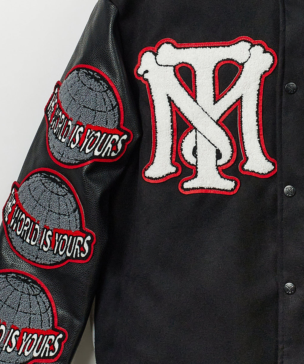 Scarface vegan leather chenille patched varsity jacket by Reason Clothing, showing detailed patches and classic varsity style.