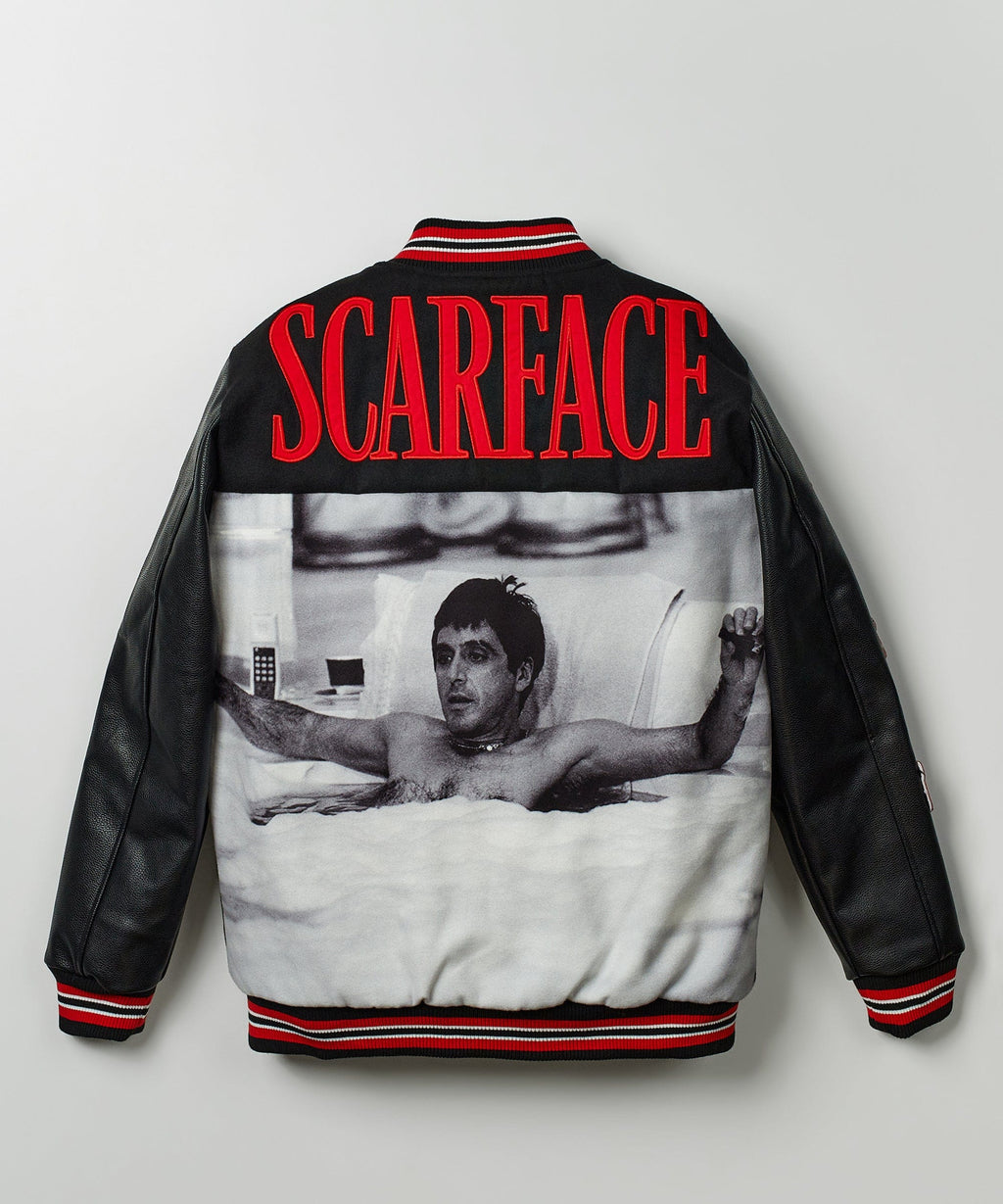 Scarface vegan leather chenille patched varsity jacket by Reason Clothing, featuring bold patch details and classic varsity style.