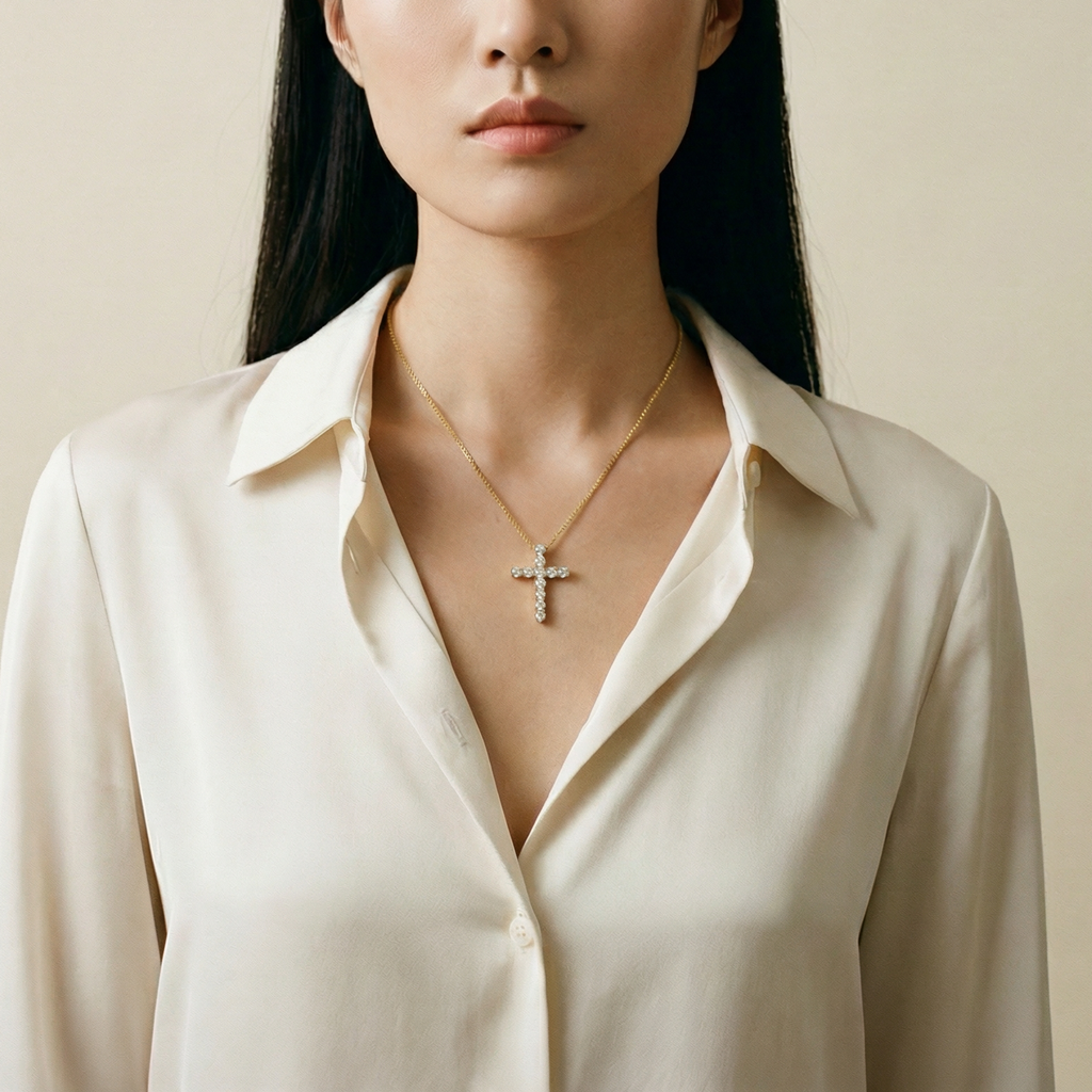 Gold Bella Pavé Cross Pendant with sparkling pavé stones, religious jewelry piece from The M Jewelers.