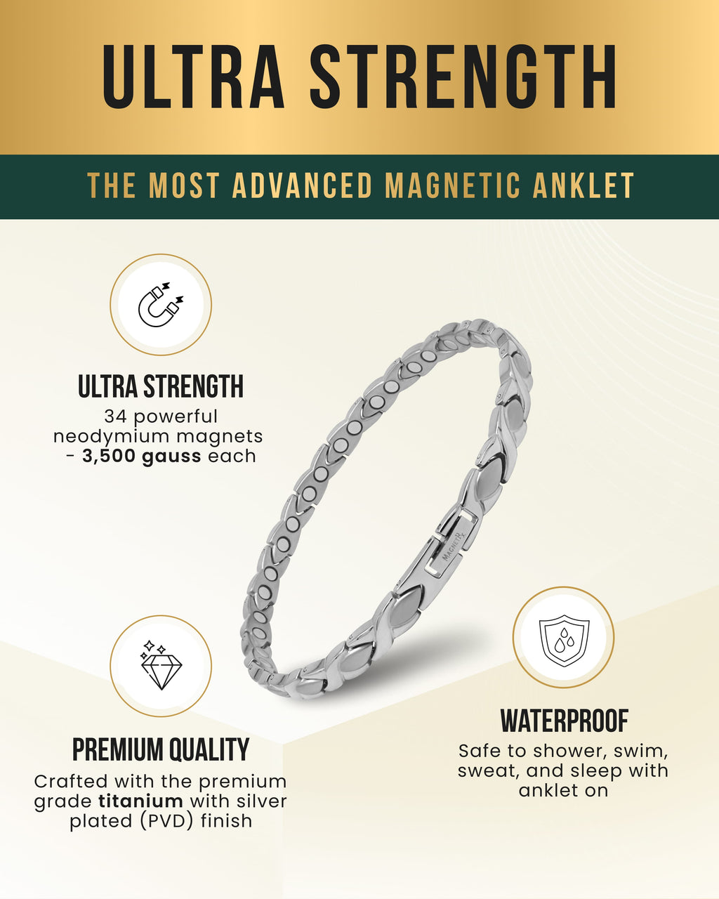Silver titanium magnetic therapy anklet for women by MagnetRX featuring ultra-strength magnets and sleek design.