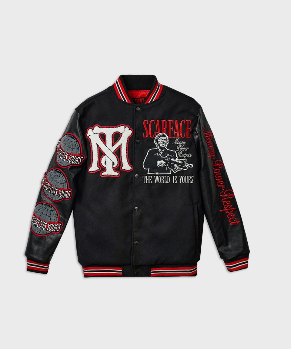 Reason Clothing Scarface vegan leather chenille patched varsity jacket with striped cuffs and collar, styled on a hanger.