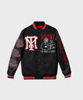 Reason Clothing Scarface vegan leather chenille patched varsity jacket with striped cuffs and collar, styled on a hanger.